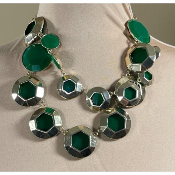 Jade Green Statement Necklace Gold Tone Hexagonal Chunky - Picture 1 of 4